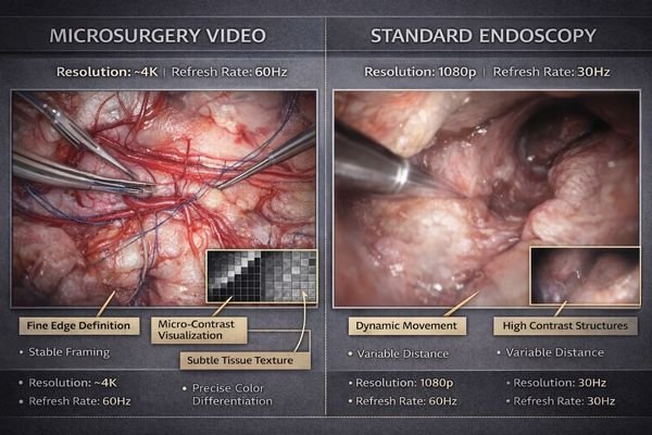 Comparison showing microsurgery video characteristics versus typical endoscopy video feeds