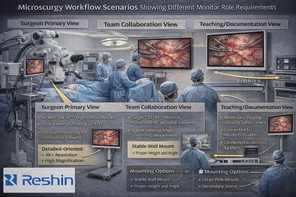 Microsurgery workflow scenarios showing different monitor role requirements