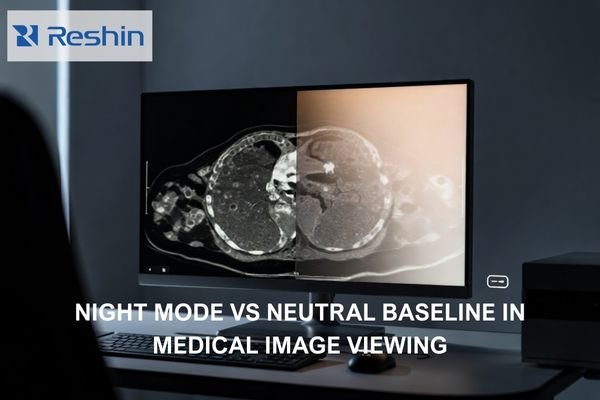 Photorealistic radiology workstation showing a neutral grayscale medical image with a subtle warm Night Mode shift on half the display.