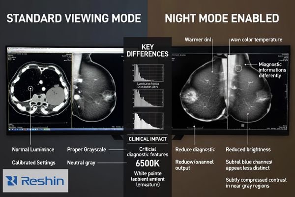 Night Mode impact comparison showing medical image viewing differences