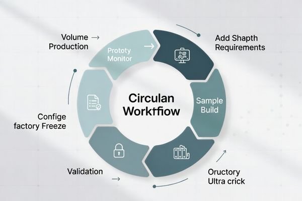 Circular OEM customization workflow for medical-grade monitors: requirements, sample build, validation, config freeze, volume production.