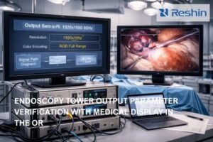 Operating room endoscopy tower with monitor showing output settings and second display showing live endoscopic image for video parameter verification