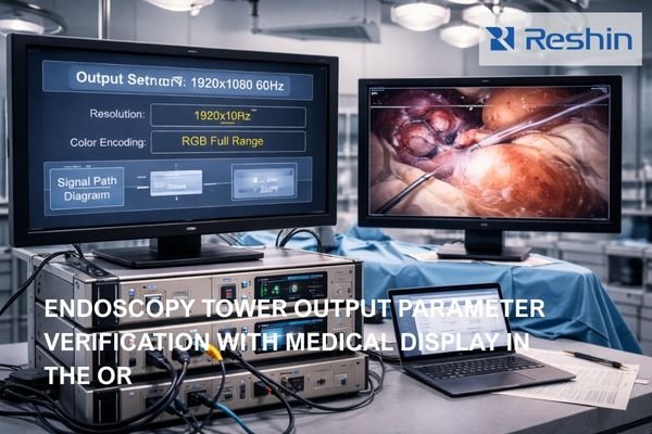Operating room endoscopy tower with monitor showing output settings and second display showing live endoscopic image for video parameter verification
