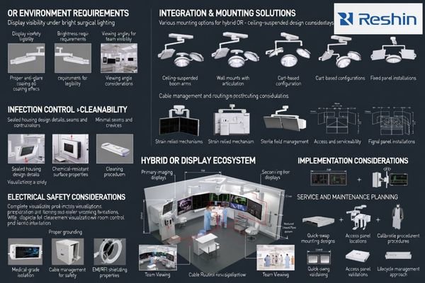 OR cleanability, glare control, and mounting considerations for displays