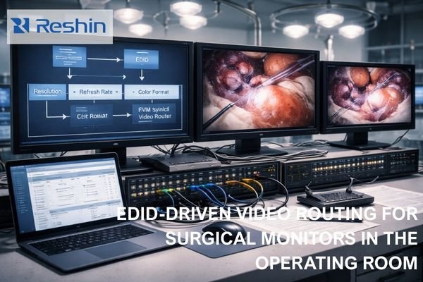 Operating room video workstation with three surgical monitors showing EDID diagram and live endoscopic images over a routed signal chain