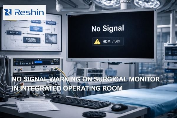 Operating room surgical monitor showing No Signal HDMI SDI warning with OR video routing equipment in the background