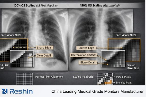 OS display scaling workflow showing impact on PACS image rendering and pixel mapping