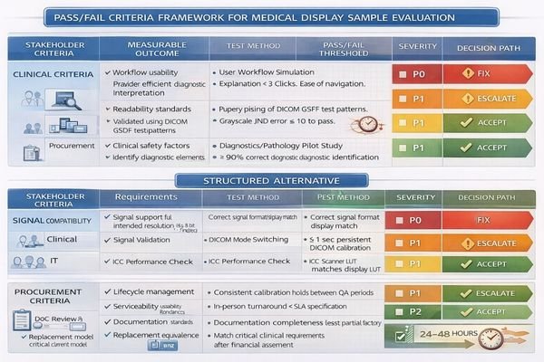 Pass/fail criteria framework showing measurable evaluation standards