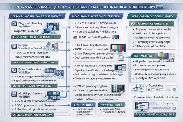 Performance acceptance criteria framework showing measurable clinical workflow requirements