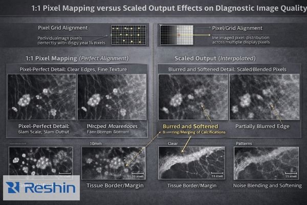 Pixel mapping comparison showing effects of scaling on diagnostic image sharpness