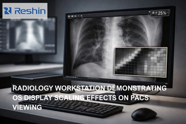 Modern radiology workstation showing diagnostic monitor with medical image displaying pixel test patch comparing crisp 1:1 mapping versus softened scaled output