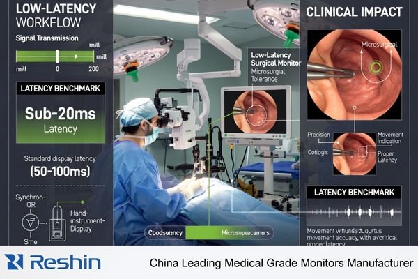 Low-latency surgical monitor setup for otologic microsurgery showing real-time precision requirements