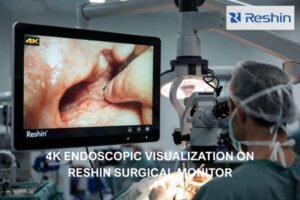 Reshin 4K surgical monitor displaying high-resolution endoscopic image of otologic microsurgery
