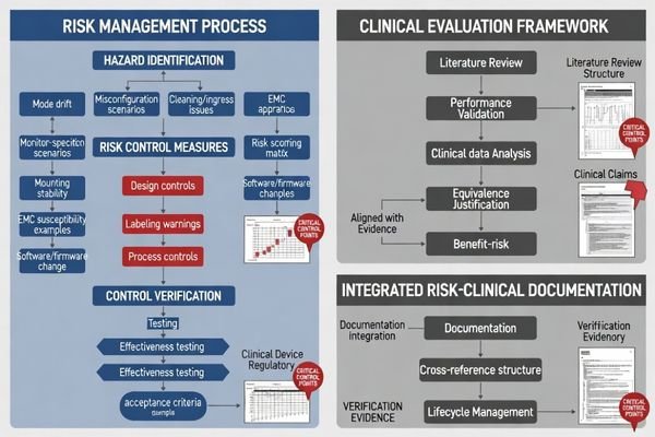 Risk management framework for medical monitors showing hazard analysis and control verification