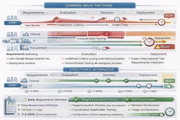 Sample evaluation timeline showing common delay patterns and structured alternatives