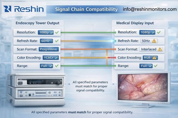 Signal chain compatibility diagram showing parameter alignment between endoscopy tower and medical display