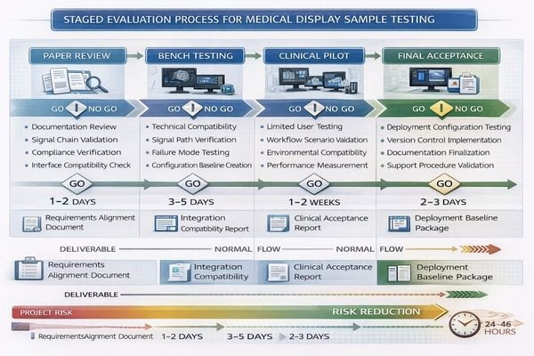 Staged evaluation process showing progressive fidelity and decision points