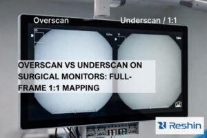 Surgical monitor showing overscan vs underscan with cropped edge UI on one side and full-frame 1:1 pixel mapping on the other