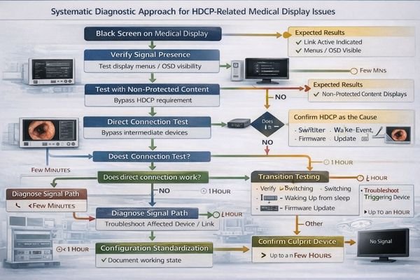 HDCP diagnostic workflow showing systematic isolation of authentication failures