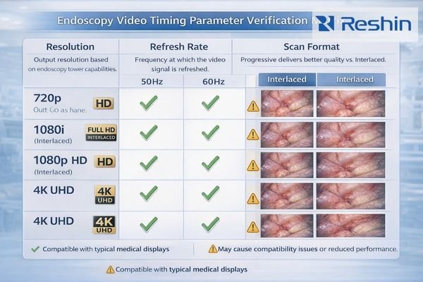 Timing parameter matrix showing resolution, refresh rate, and scan format options for endoscopy applications