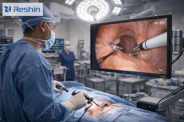 Surgeon operating in a hybrid OR while viewing low-latency 4K images on a surgical monitor