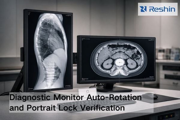 Radiology workstation with two diagnostic monitors in portrait and landscape modes showing grayscale images for auto-rotation and portrait lock testing