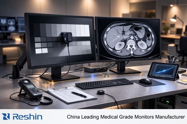 Radiology reading room with two diagnostic monitors showing a DICOM grayscale test pattern and a CT image, plus a photometer for validation