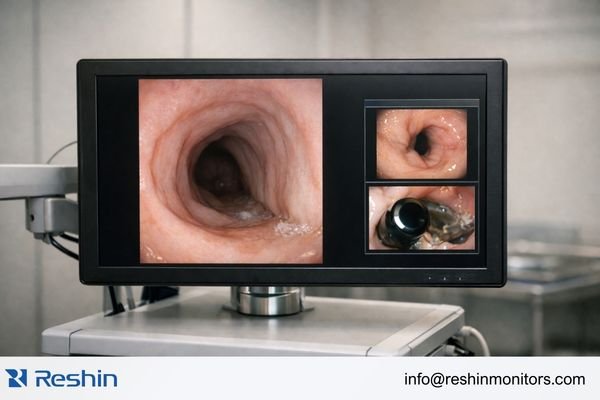 16:9 surgical endoscopy display showing a legacy 4:3 feed with pillarboxing and a secondary window for mixed video sources