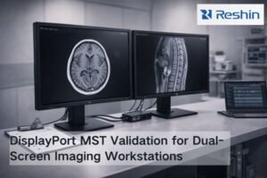 Dual-screen imaging workstation with DisplayPort MST hub and two medical-grade monitors showing grayscale images for stable mode validation