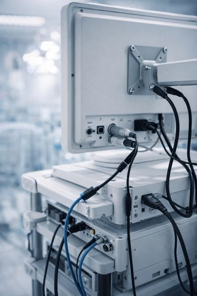 Endoscopy tower medical monitor mounted on VESA arm with connected cables for system integration