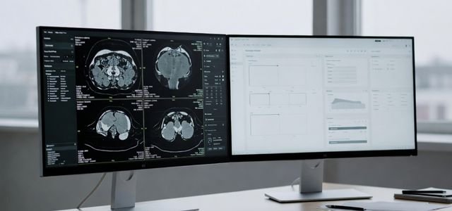 Imaging review and reporting workstation with dual monitors, one for medical images and one for reporting workflow