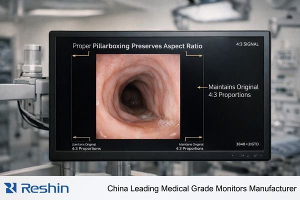 Endoscopy monitor showing 4:3 signal with pillarboxing