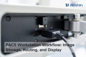 Close-up of a surgical display I/O panel showing a locking HDMI Type-A connector latched beside a standard HDMI plug for OR video reliability