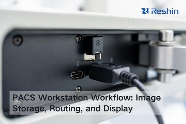 Close-up of a surgical display I/O panel showing a locking HDMI Type-A connector latched beside a standard HDMI plug for OR video reliability