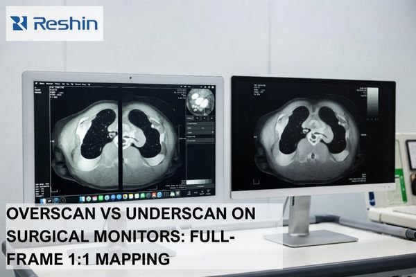 Medical-grade monitor beside a consumer display in a clinical room, showing consistent DICOM-style grayscale and a non-graphic endoscopy inset