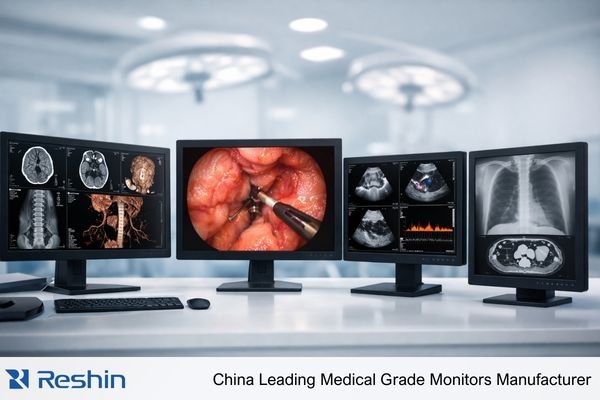 An array of medical grade monitors showing different medical images
