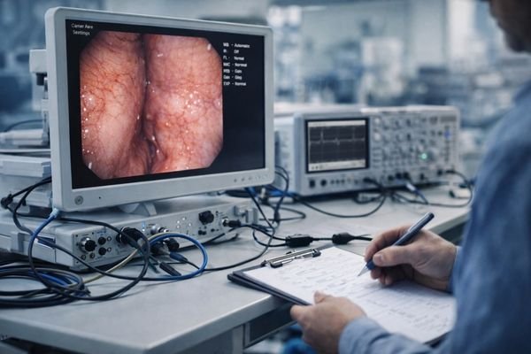 Technician testing a medical display monitor for endoscopy system integration in a lab environment