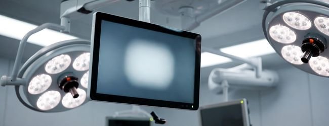 Modern operating room scene with a boom-mounted medical display supporting stable continuous use during surgical procedures.