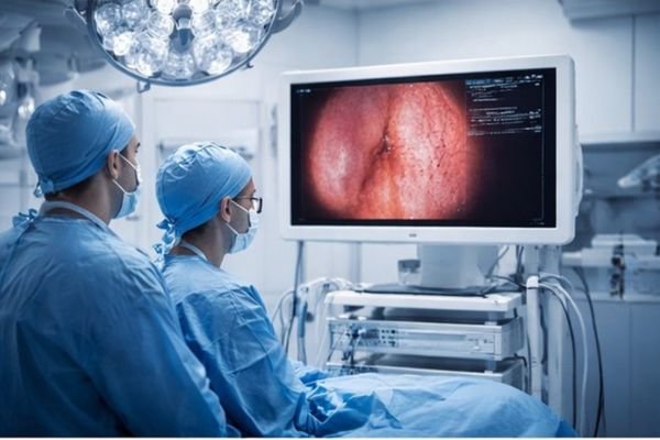 Surgical team viewing real-time endoscopic video on a medical monitor in the operating room