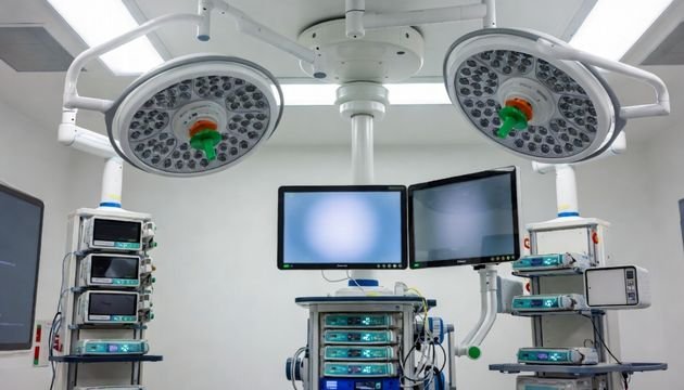 Wide operating room integration scene with medical displays mounted in an OR environment, supporting surgical visualization and routing workflows.