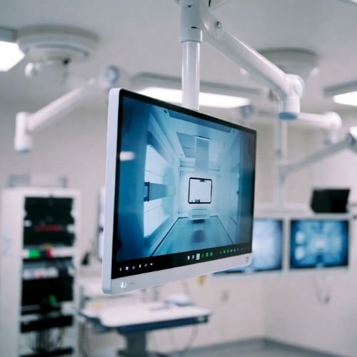 OR integration workstation with a medical display showing surgical visualization content in a clean clinical environment.