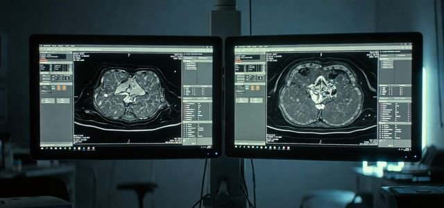 Radiology PACS diagnostic reading workstation with dual medical displays showing grayscale CT images