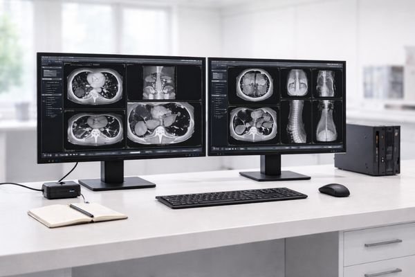 Radiology PACS diagnostic workstation with dual medical displays for imaging review and reporting