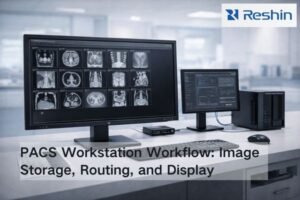 Bright radiology IT workspace showing a PACS workstation monitor beside network storage and a switch, illustrating image distribution to radiology workflows