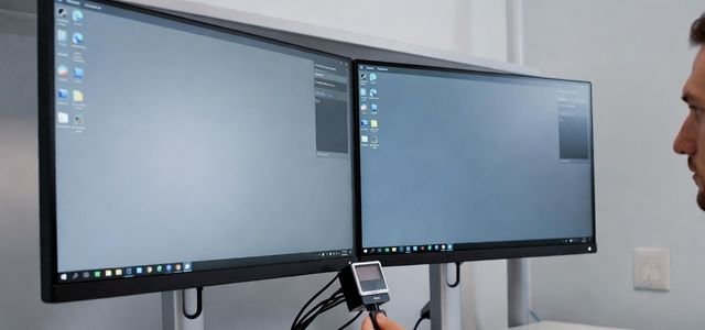 Engineer calibrating dual-monitor PACS workstation medical displays for consistent diagnostic reading performance