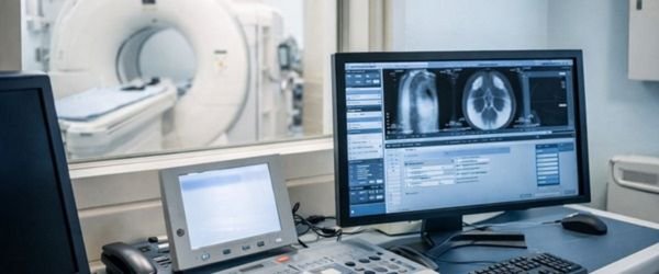 Radiology control console with medical monitor displaying imaging software, with an MRI scanner visible in the background.