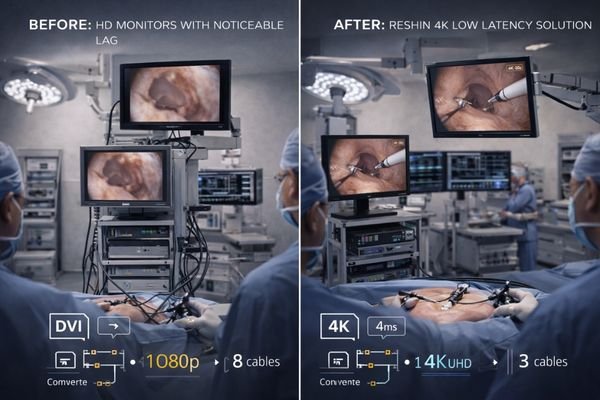 Before-and-after OR comparison showing old HD monitors replaced with Reshin 4K surgical displays