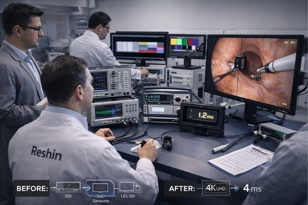 Reshin engineering team testing 4K surgical monitors in a lab environment