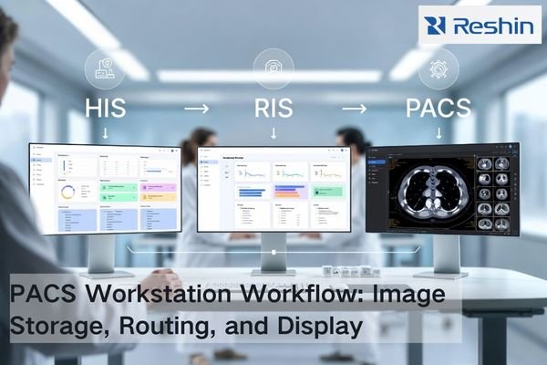 Radiology IT workflow showing HIS, RIS, and PACS connected on hospital workstations for medical imaging delivery