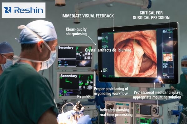 Surgeon looking intently at a surgical monitor in an OR